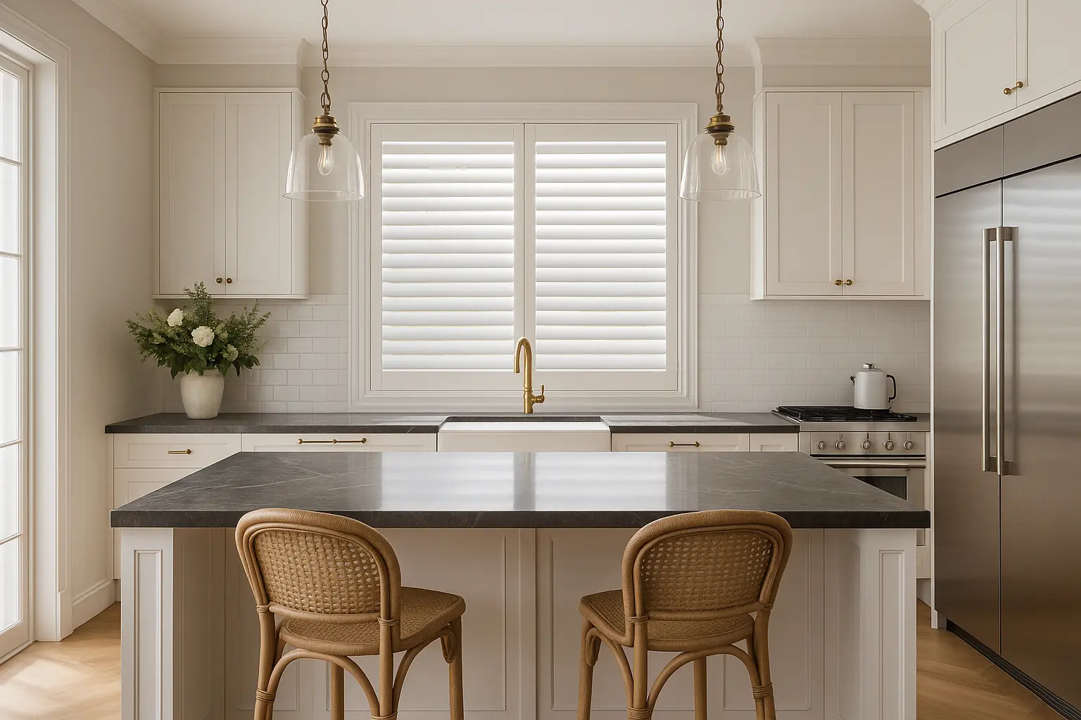 The same room after a high-quality white plantation shutter installation, showing improved style and light control, replacing the old blinds.