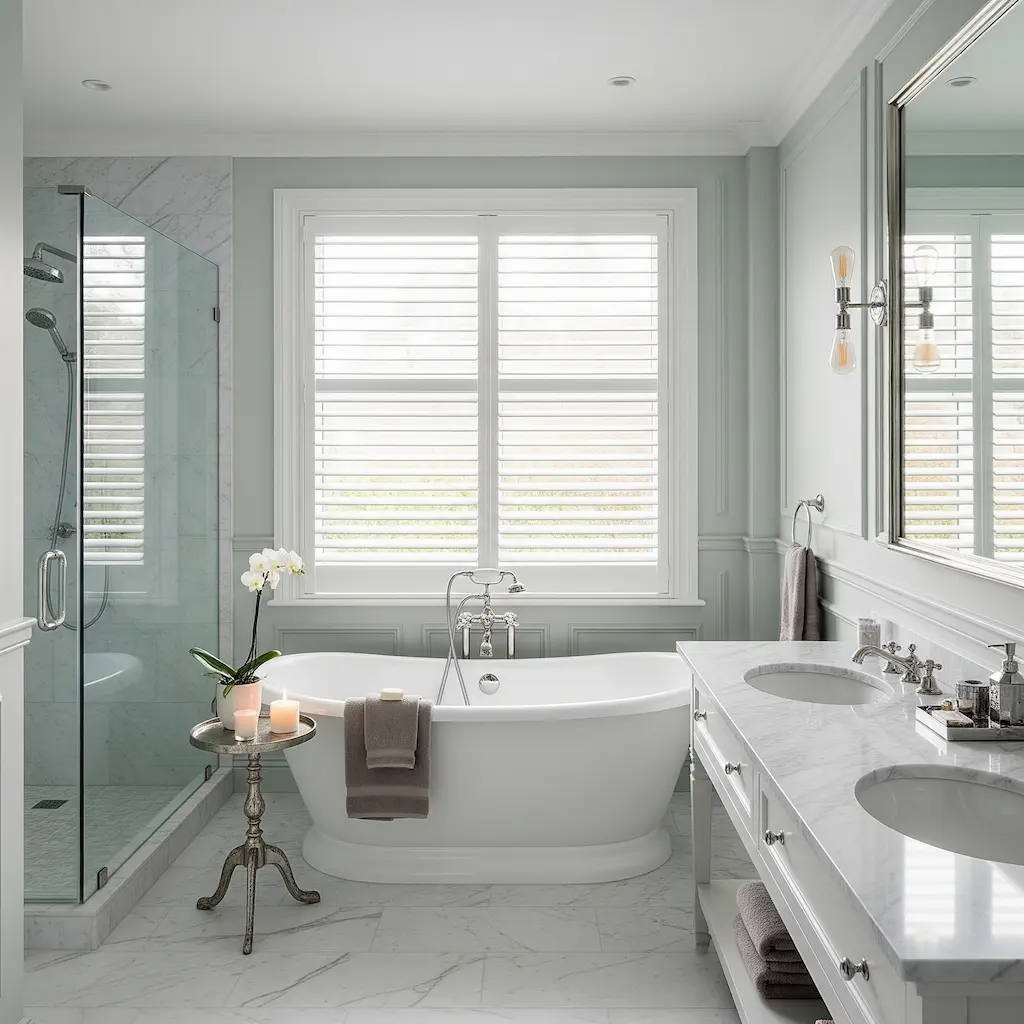 Waterproof white shutters in a modern bathroom, perfect for wet areas.