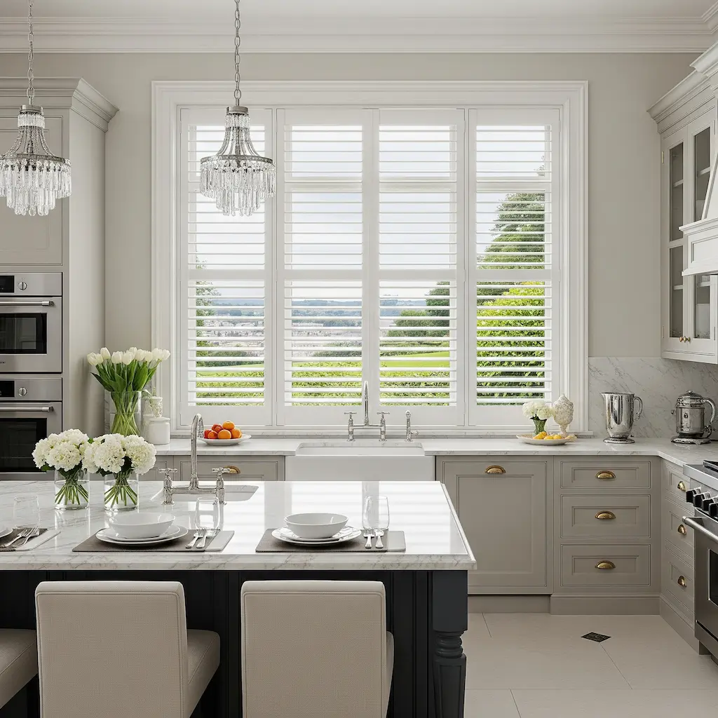 Stylish kitchen window with durable PVC plantation shutters over the sink.