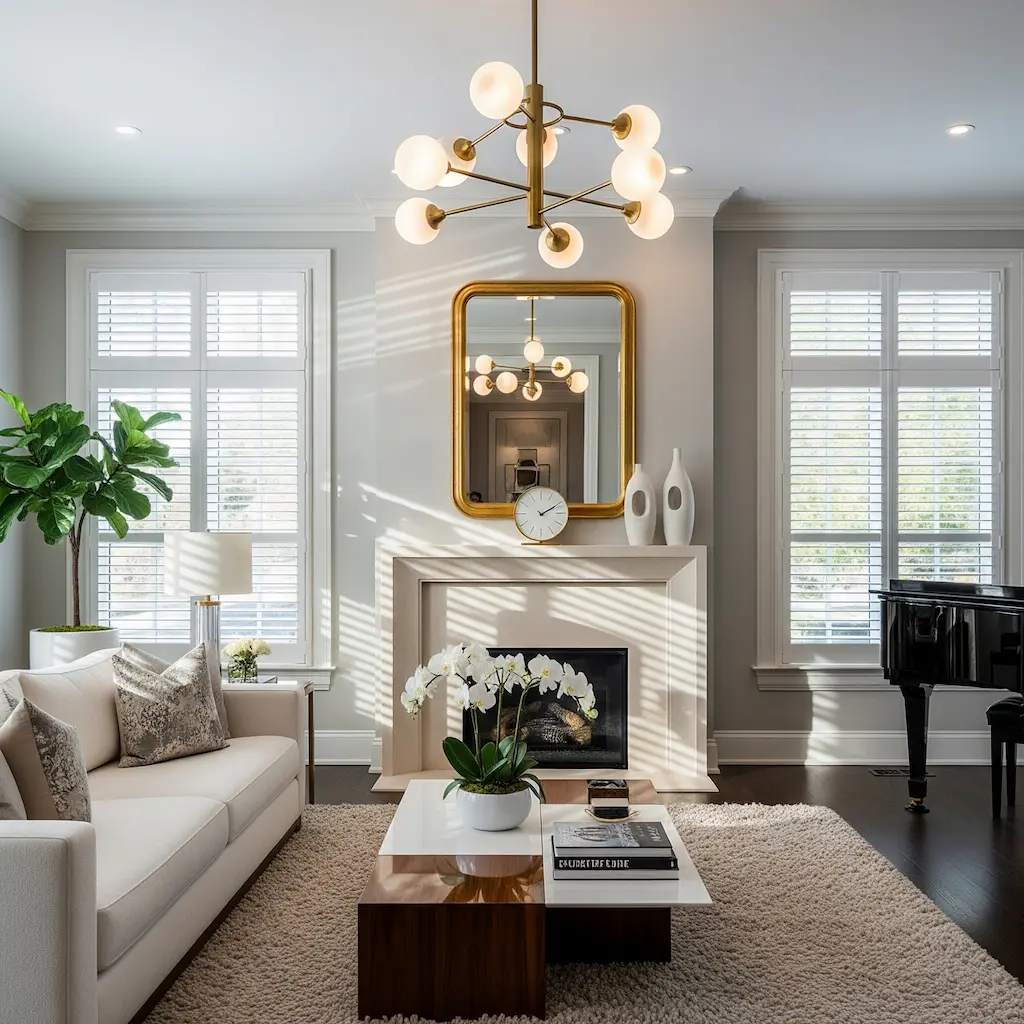 Bright living room with white plantation shutters filtering sunlight, enhancing aesthetic appeal.