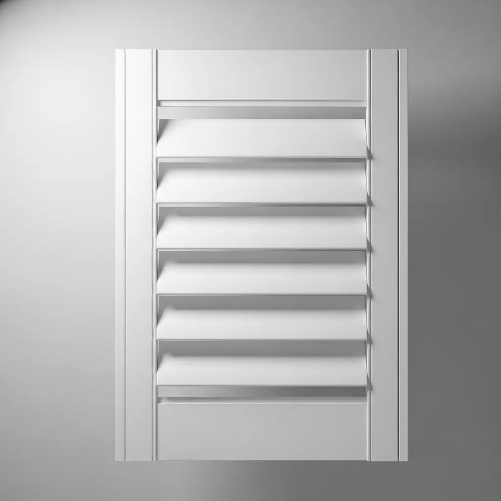 A clean, white PVC plantation shutter in a modern bathroom, showcasing its moisture resistance.