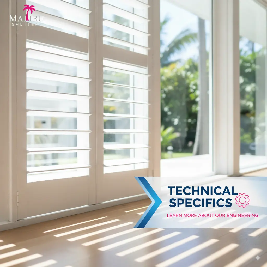 A designer reviewing technical drawings and material samples for plantation shutters, emphasizing high-quality standards.